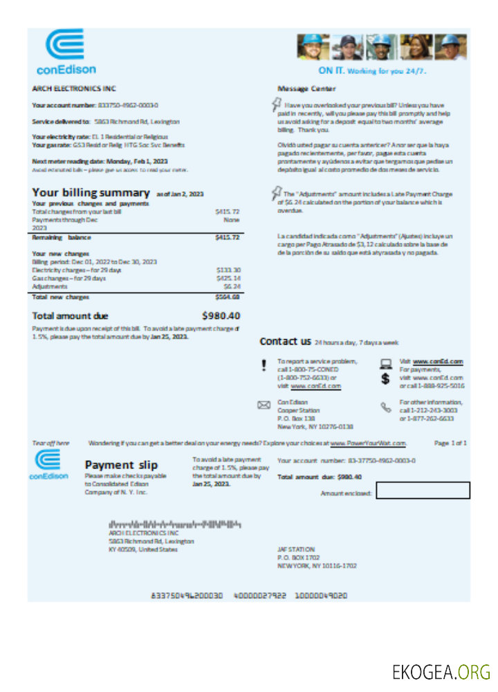 Facture commerciale du service public d'électricité Con Edison SCR